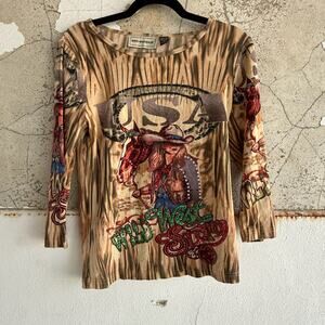 Y2K Wild West Long Sleeve Cowgirl Tee Rodeo USA Vintage Style Size M